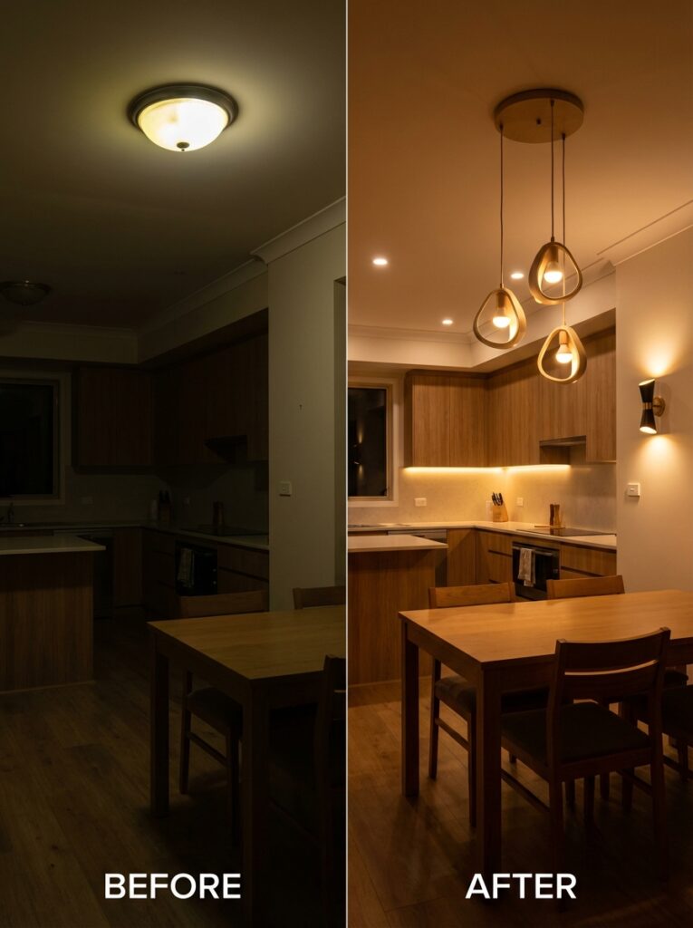 55a0b4b4-0890-4548-a286-bf5a4073fe13 Kitchen lighting upgrade before/after: dim flush ceiling replaced with warm pendant lights and LED undercabinet lighting. | Sky Rye Design Kitchen lighting upgrade before/after: dim flush ceiling replaced with warm pendant lights and LED undercabinet lighting.