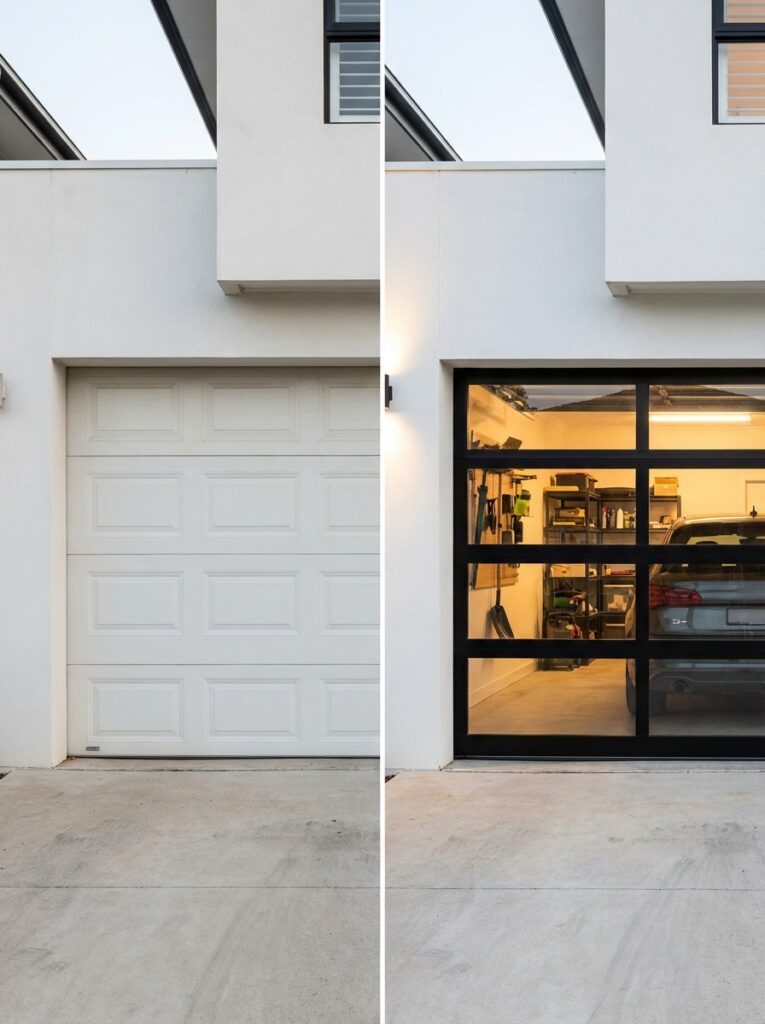 2937186a-dc2f-41a8-b5b3-ea9aebc9f035 Before-and-after garage doors: traditional white paneled door (left) vs black-framed glass door revealing lit garage interior | Sky Rye Design Before-and-after garage doors: traditional white paneled door (left) vs black-framed glass door revealing lit garage interior