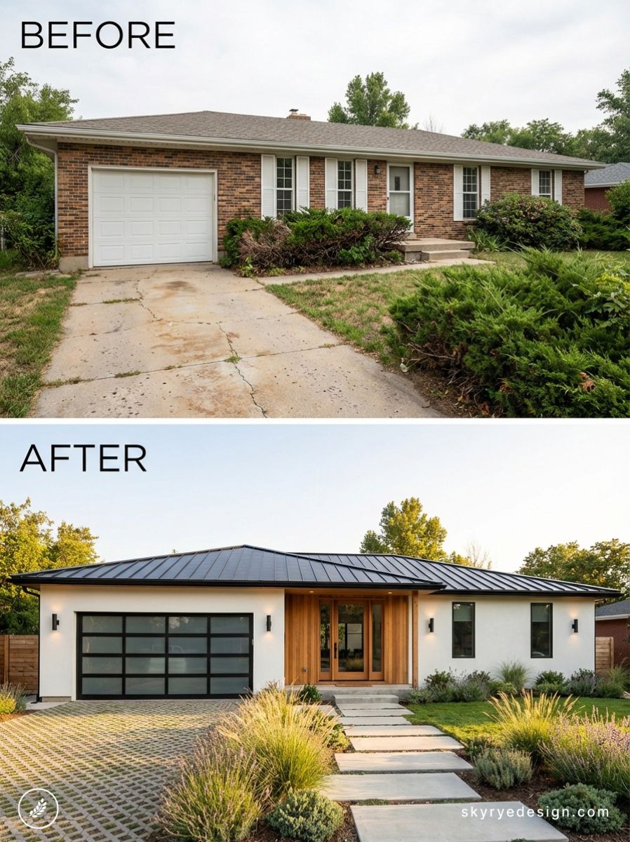 architecture-floor-plan 18 Before-and-after home renovation: brick ranch updated to modern stucco, wood entry, metal roof, glass garage | Sky Rye Design Before-and-after home renovation: brick ranch updated to modern stucco, wood entry, metal roof, glass garage Home Renovation Ideas