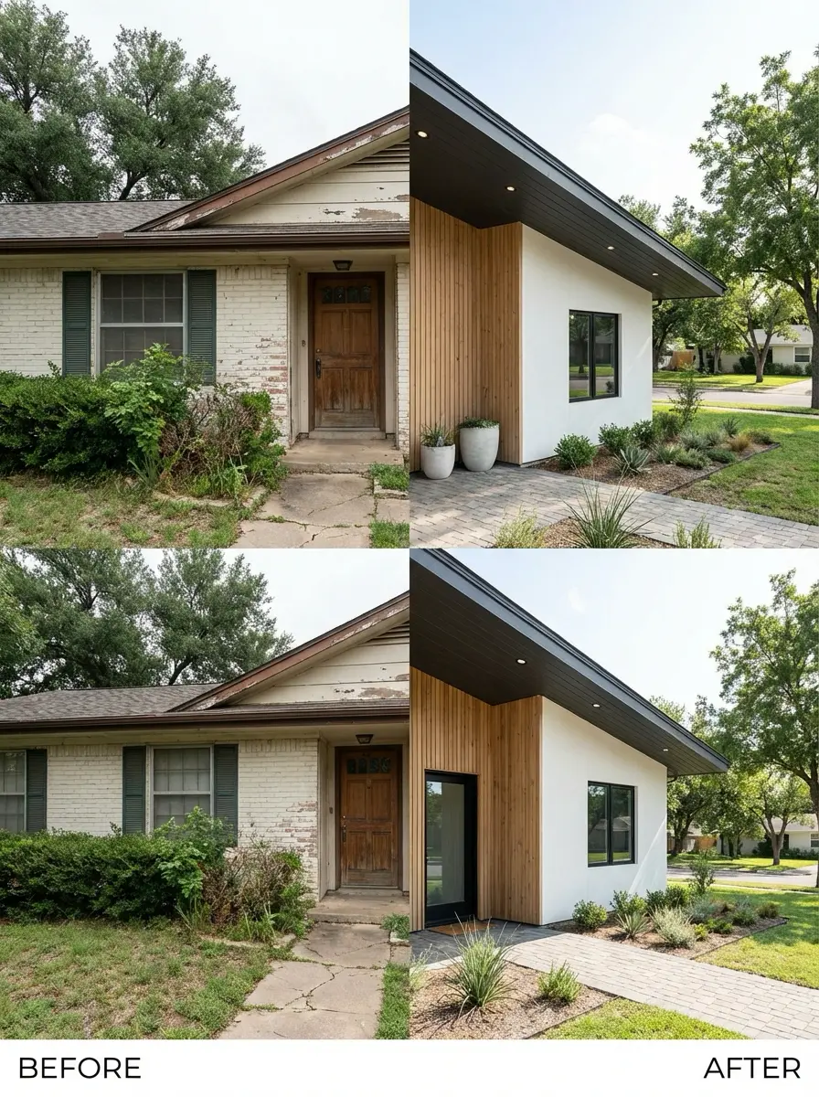 3bb1135e-87ac-4373-a02b-1269a29e20a7 Before-and-after home renovation: dated brick facade transformed into modern white exterior with wood siding, landscaping. | Sky Rye Design Before-and-after home renovation: dated brick facade transformed into modern white exterior with wood siding, landscaping.