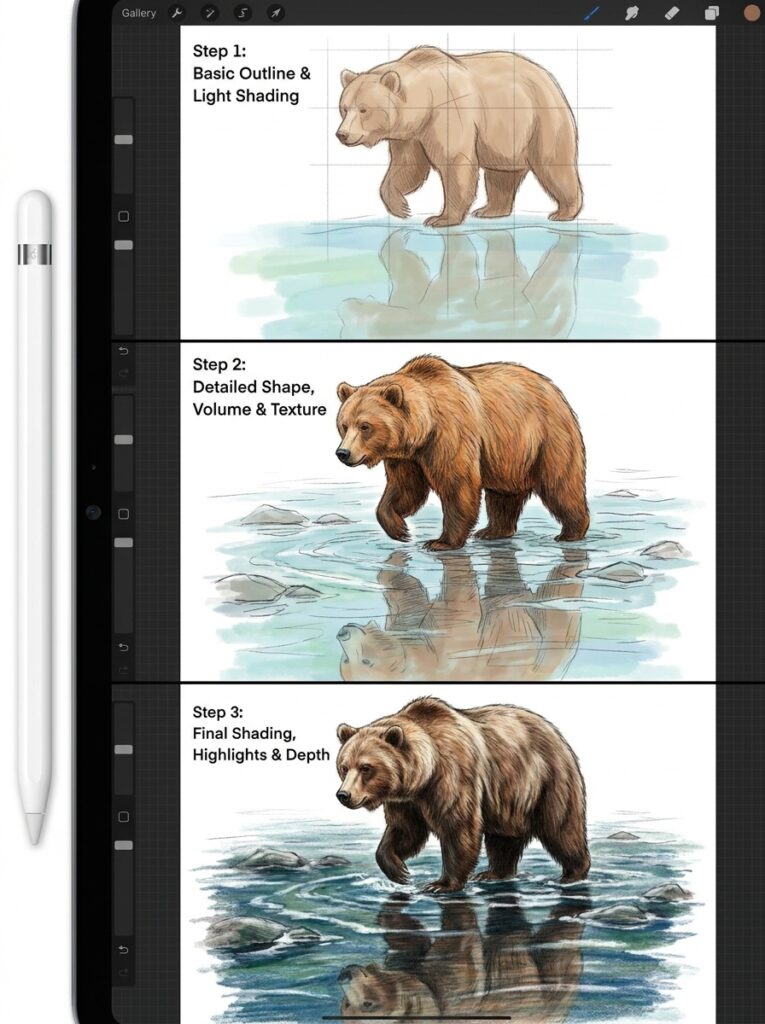Procreate iPad step-by-step bear drawing tutorial: outline, texture, and final shaded bear with reflection.
