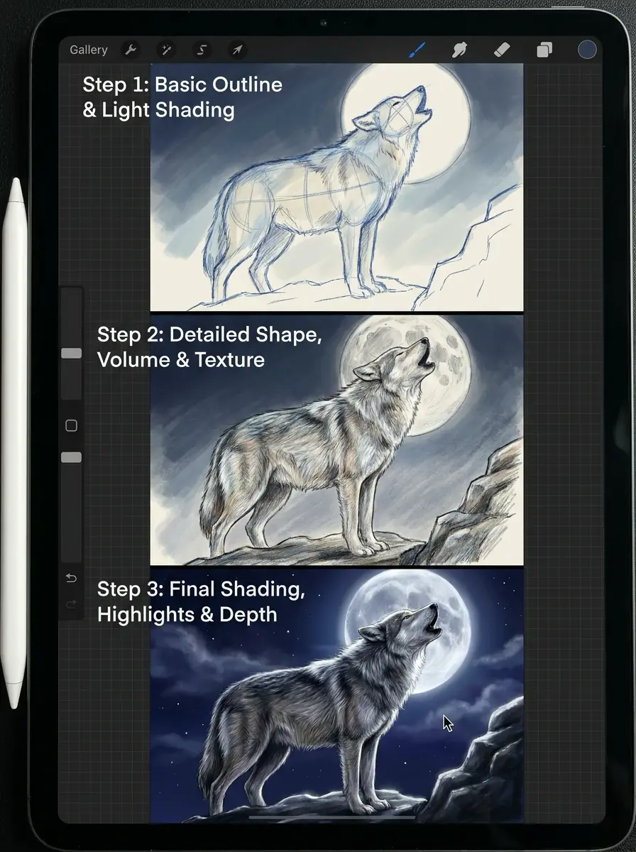 Tablet showing 3-step wolf drawing tutorial: sketch, textured fur, and final shaded wolf howling at moon.