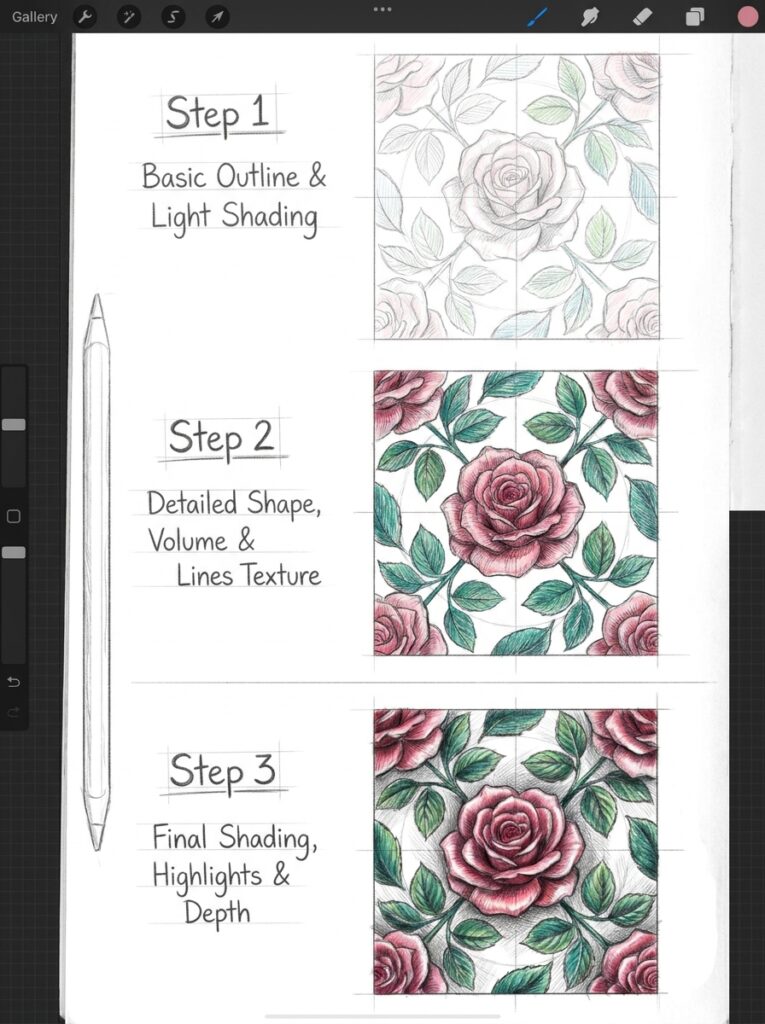 Rose drawing tutorial: three-step progression showing outline, detailed line texture, and final shading and highlights