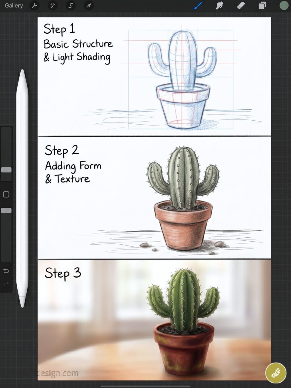 Step-by-step digital cactus drawing tutorial: basic sketch, add form & texture, finish with realistic potted cactus.