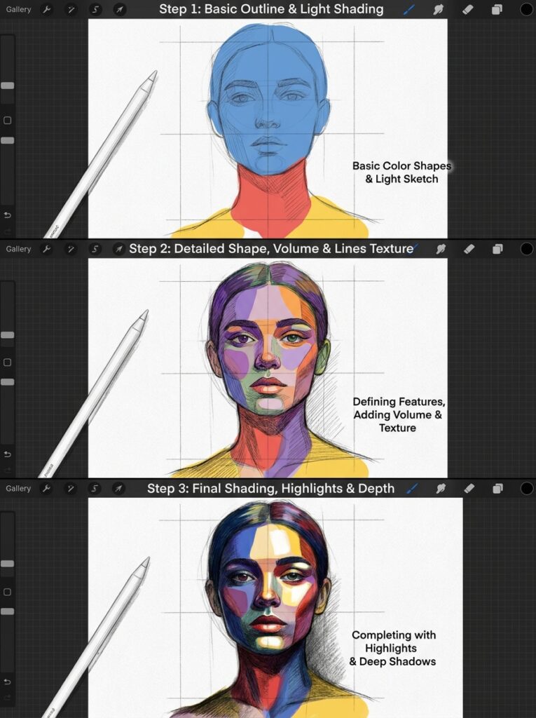 Three-step digital portrait tutorial: colored shape blocking to detailed shading and highlights on a female face