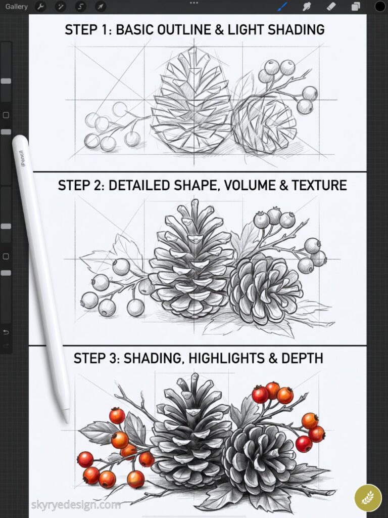 Three-step pinecone pencil drawing tutorial: outline, texture and shading with red berries.
