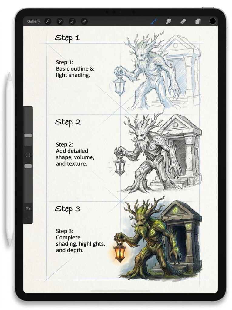 Tablet digital art tutorial: three-step progression from sketch to full-color tree-creature holding lantern by temple.