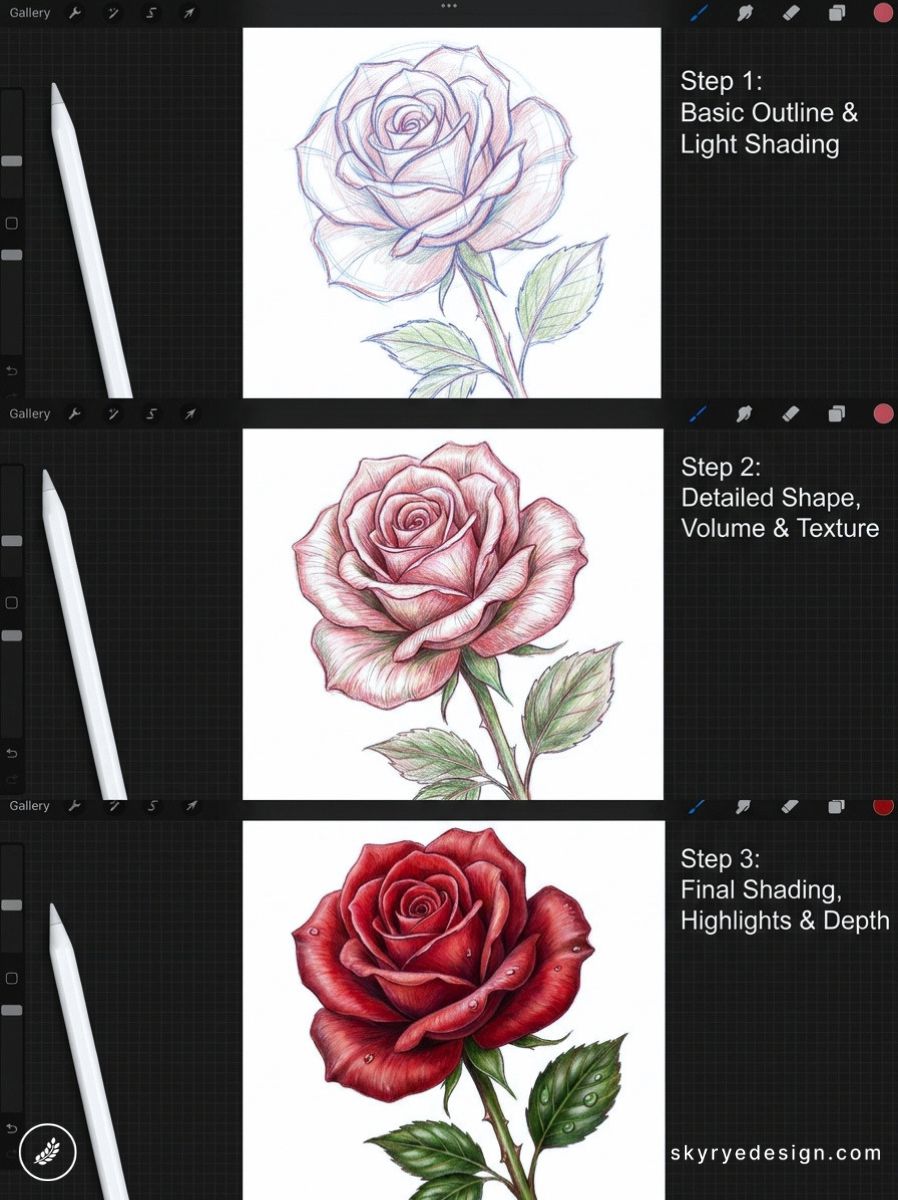 Step-by-step digital rose drawing tutorial showing outline, detailed shading and final red rose with depth (Procreate)