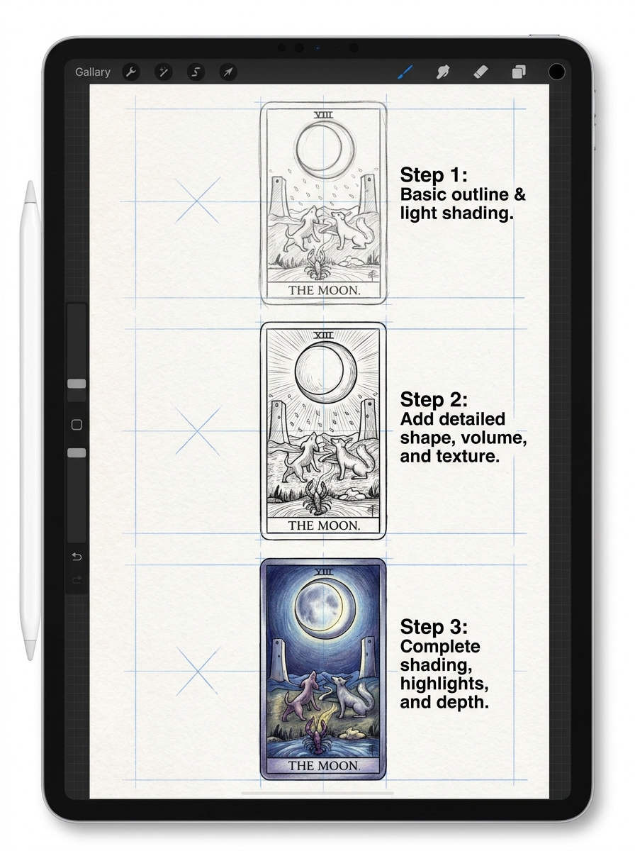 iPad showing three-step digital illustration tutorial for The Moon tarot card — sketch to shading to full-color