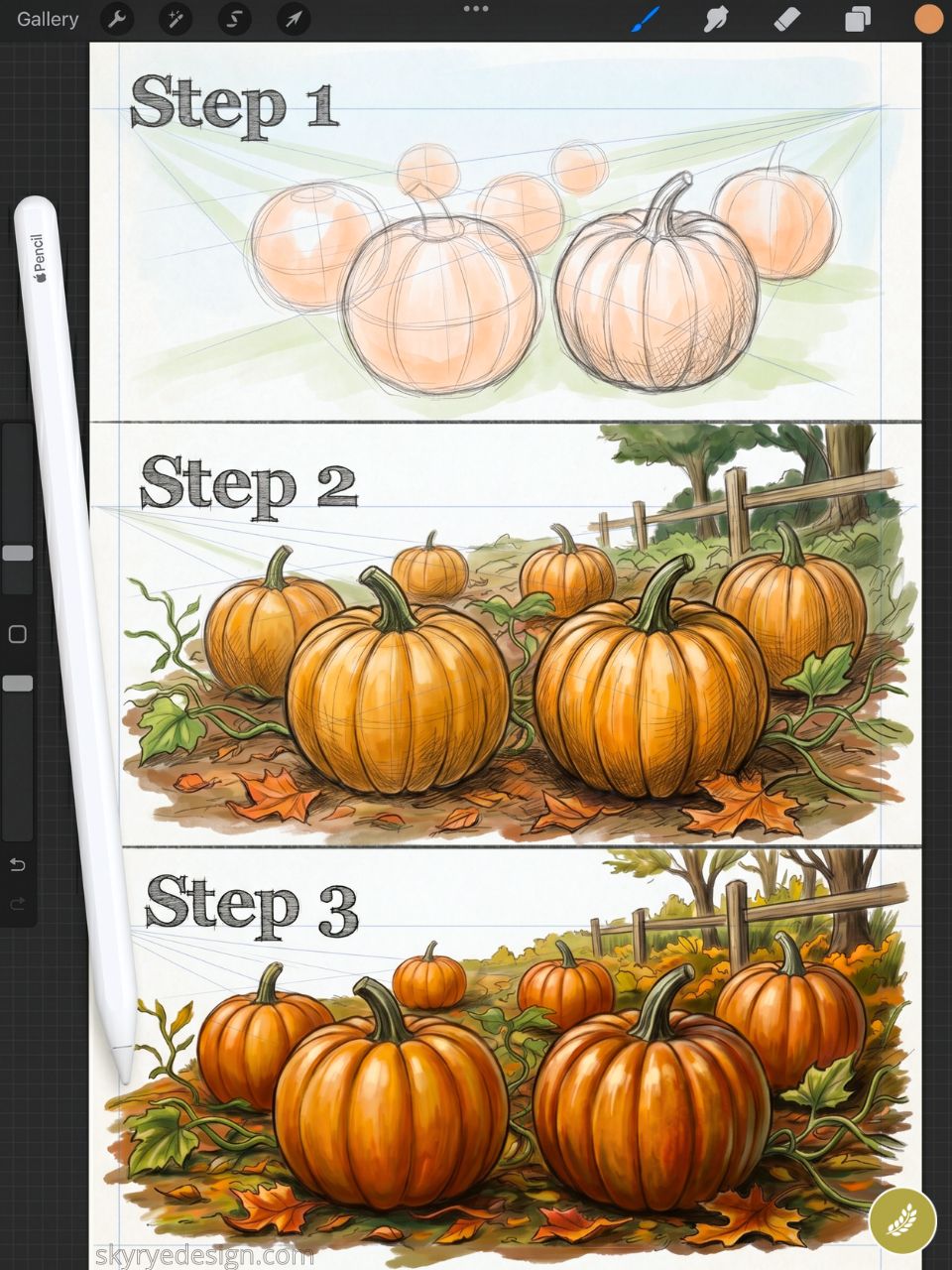 Step-by-step pumpkin drawing tutorial: sketches to full-color pumpkin patch illustration, Procreate artwork with Apple Pencil.