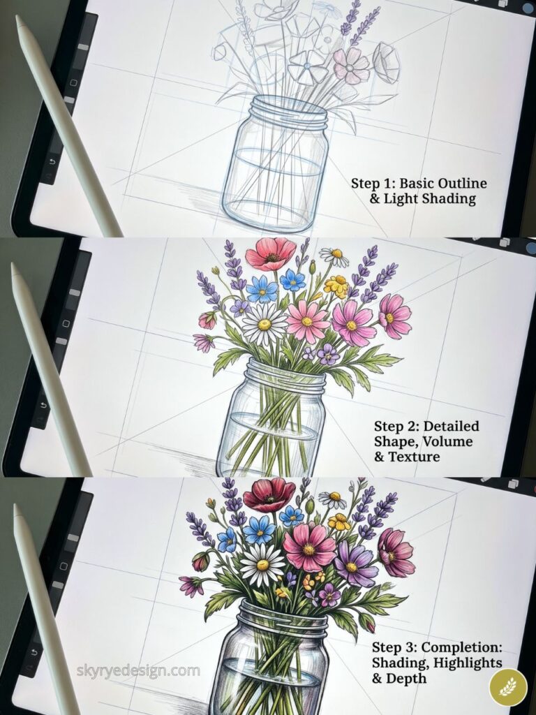 Digital step-by-step illustration: wildflower bouquet in mason jar on tablet with stylus, from outline to finished shading.