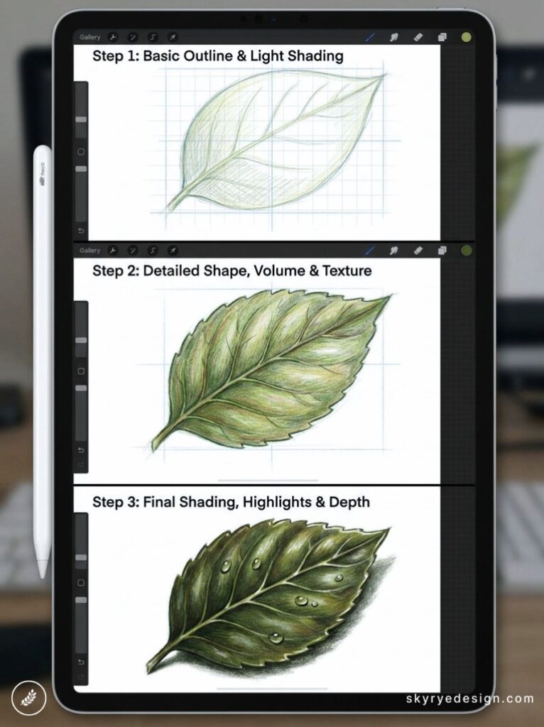 Step-by-step digital leaf drawing tutorial on tablet: outline, detailed shading, highlights and water droplets