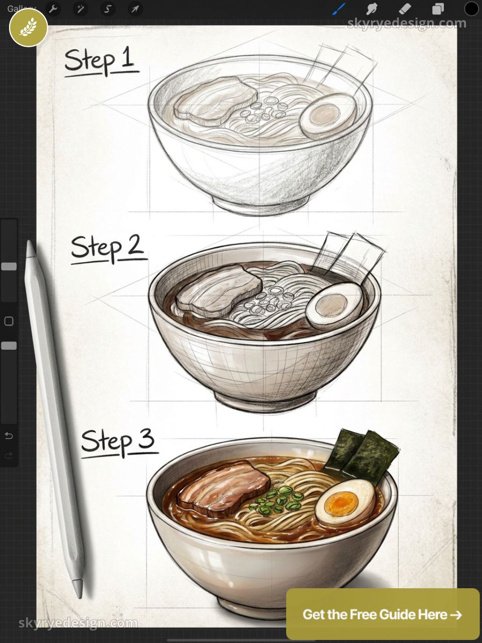 Three-step ramen bowl drawing tutorial: sketch, shaded render, and full-color ramen with egg, pork, seaweed.