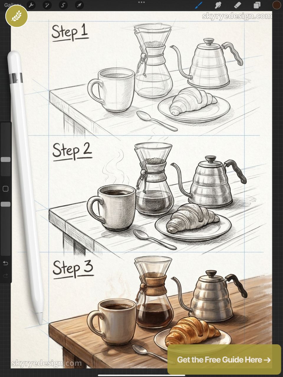 Pour-over coffee illustration tutorial: mug, Chemex, gooseneck kettle, croissant, step-by-step sketch to color.