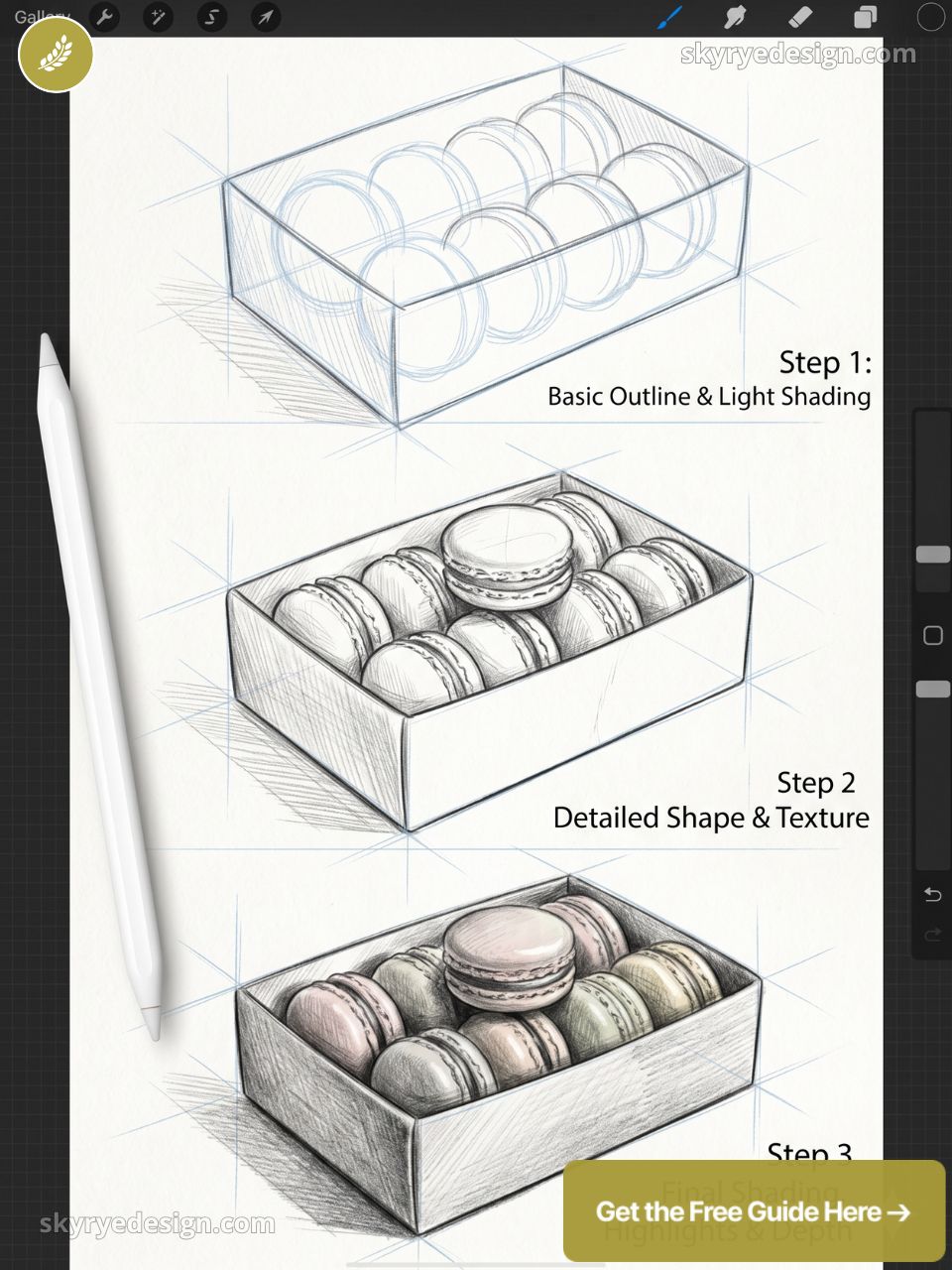 Three-step sketch tutorial of a box of macarons: outline, detailed texture, and final shaded colored drawing.