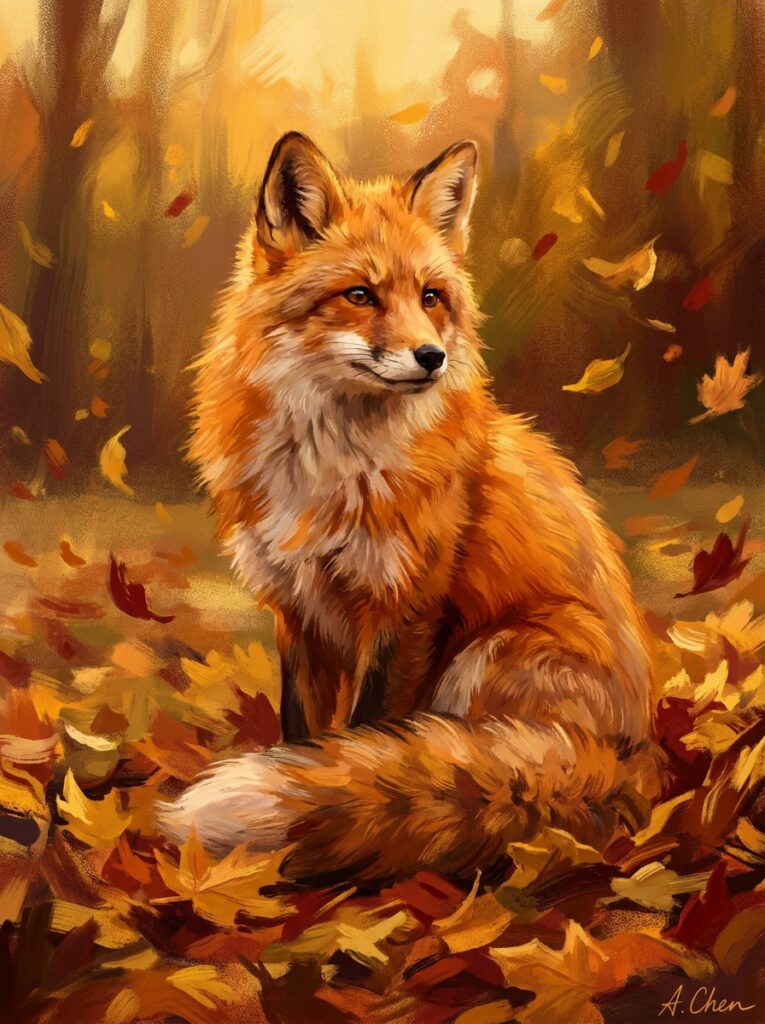 Red fox sitting in autumn forest among orange and gold fallen leaves — warm, detailed digital painting