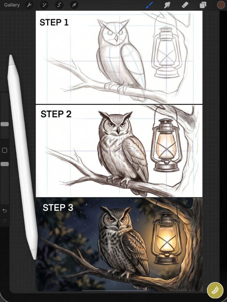 Three-step digital drawing tutorial: detailed owl perched on branch beside glowing lantern on iPad.