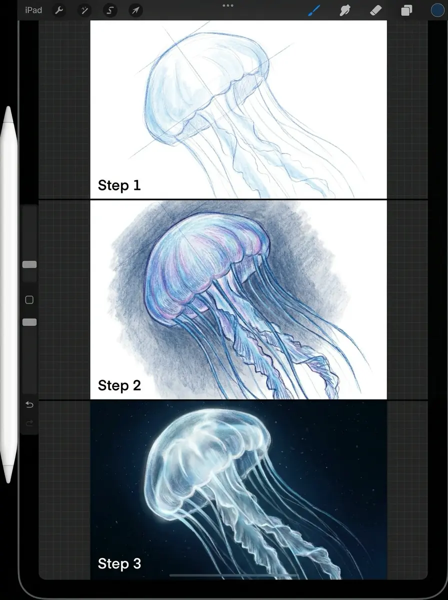 Three-step iPad digital painting tutorial of a jellyfish: light sketch, colored sketch, and final glowing realistic render.