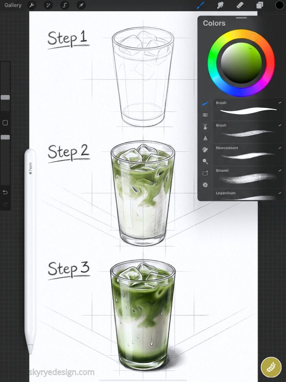 Three-step drawing of a glass with ice and green liquid, labeled Step 1–Step 3, with a grid in the background