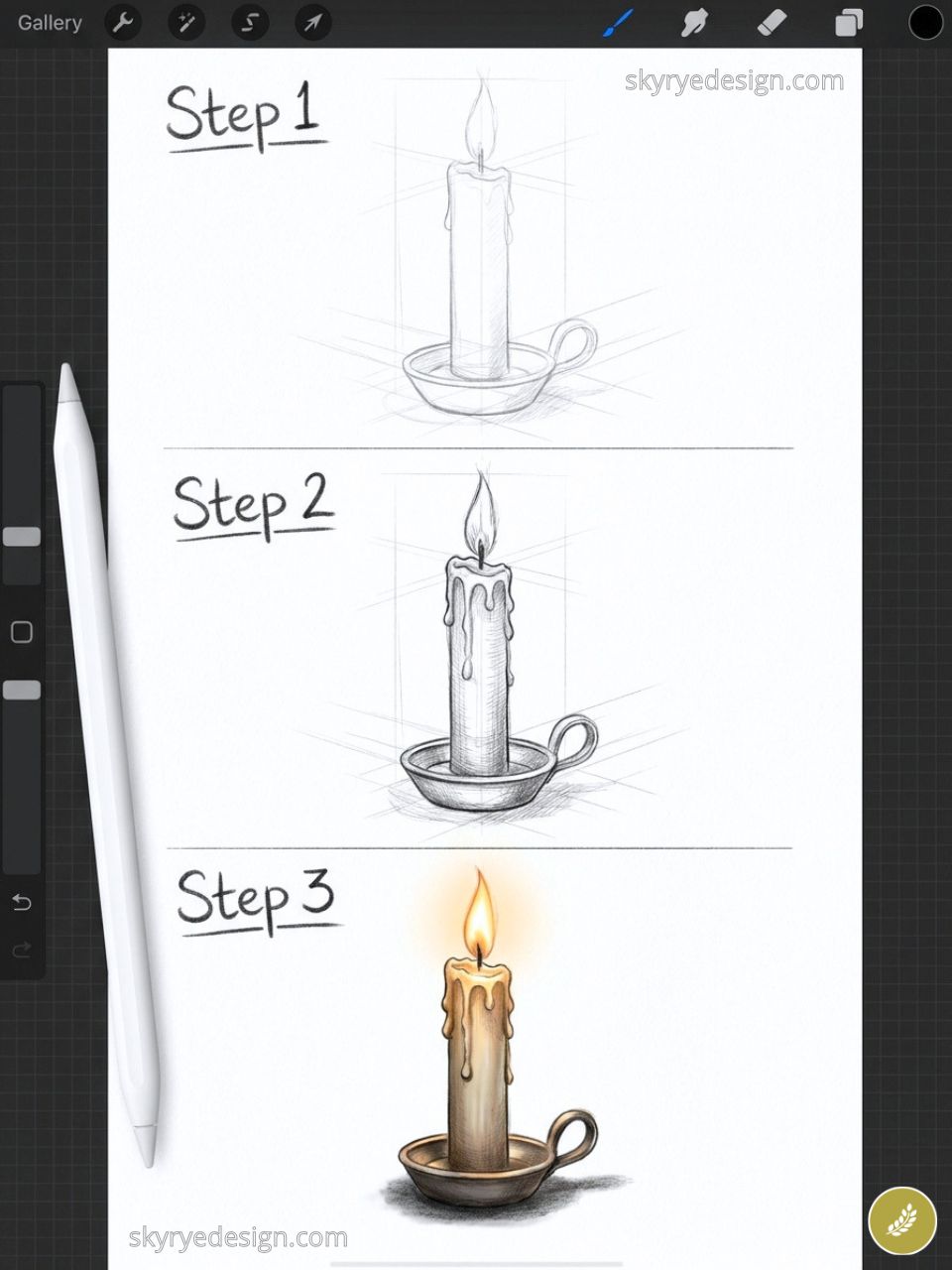 Step-by-step candle drawing tutorial: pencil sketch, shaded sketch, and colored lit candle on a holder (steps 1–3)