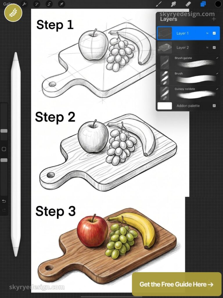 Step-by-step digital drawing tutorial showing sketch-to-color fruit on wooden cutting board: apple, grapes, banana.