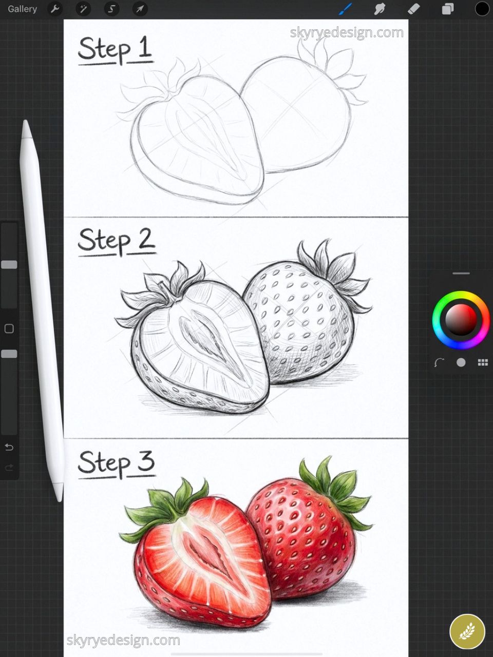 Digital step-by-step strawberry drawing tutorial: sketch, shaded pencil stage, and final colored rendering