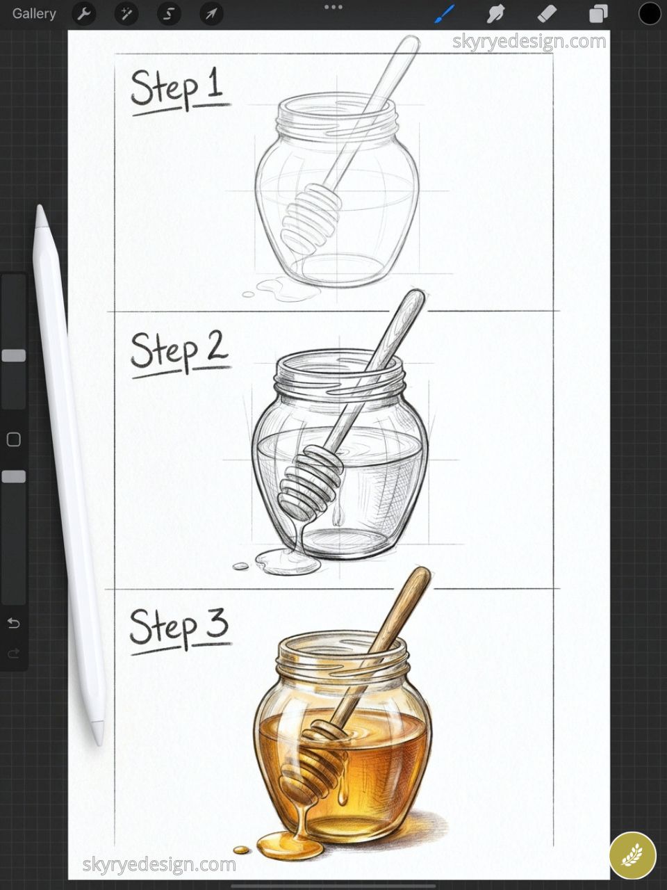 Step-by-step honey jar drawing tutorial: sketch, shaded pencil, and full-color honey jar with dipper and dripping honey