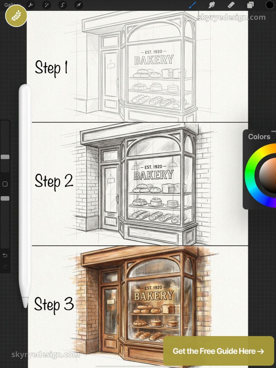 Three-step digital illustration of a bakery storefront: pencil sketch to inked drawing to full-color rendering with breads.
