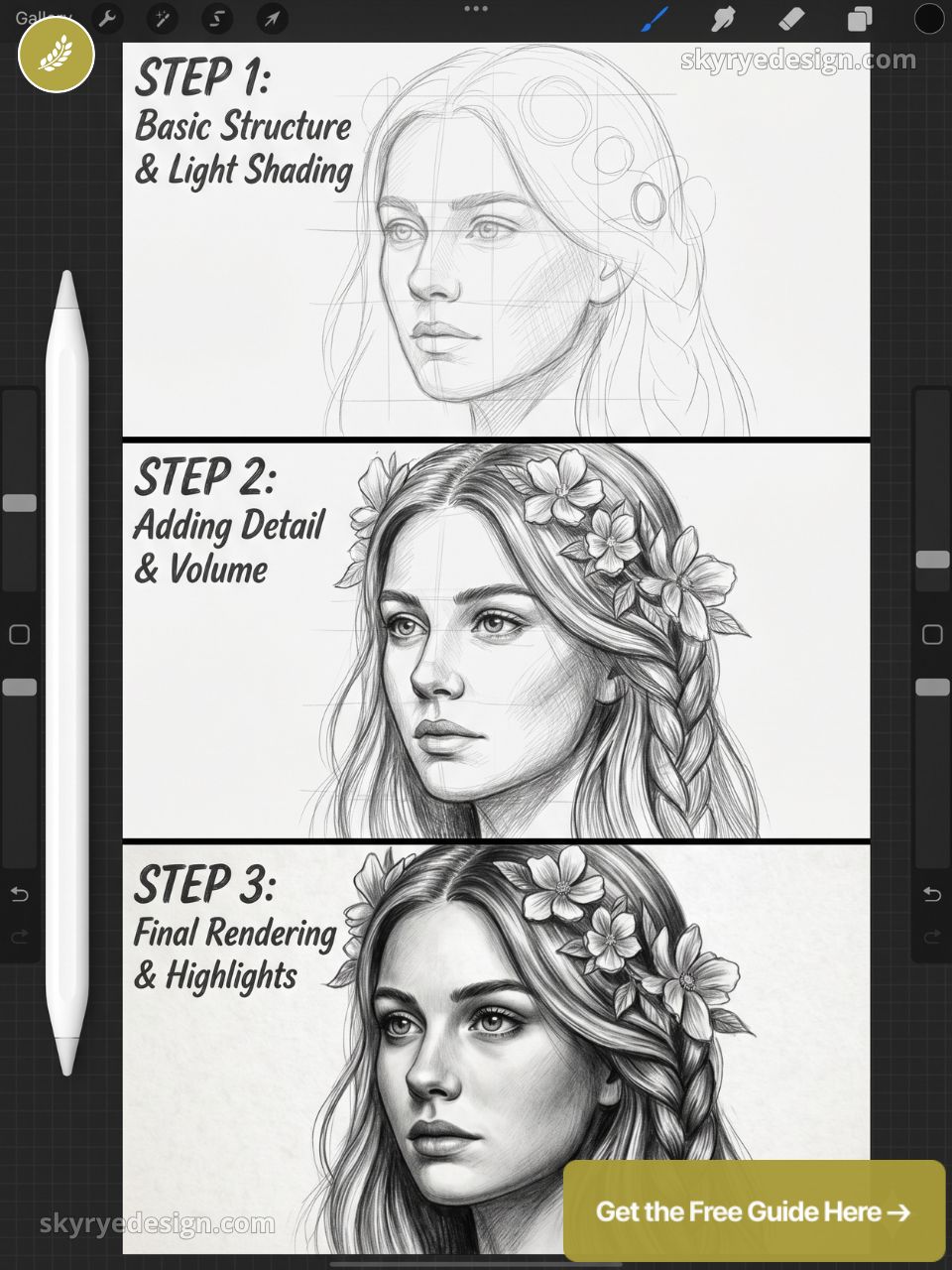 Portrait drawing tutorial: 3-step process from sketch to final pencil portrait with floral braid on a digital tablet