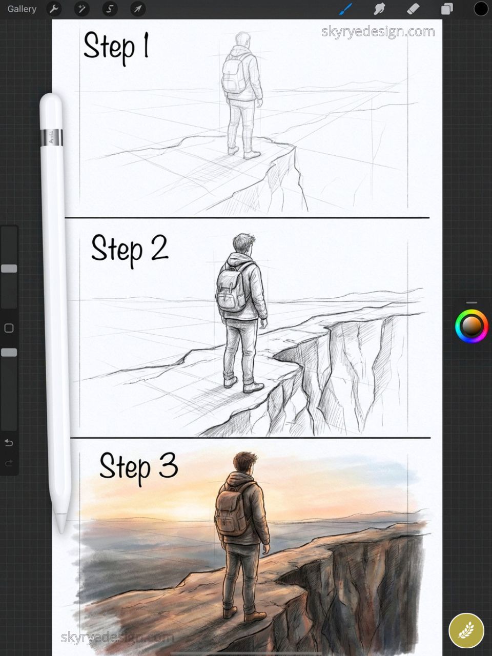 Step-by-step digital drawing: backpacker on cliff edge, pencil sketch to full-color sunset landscape.