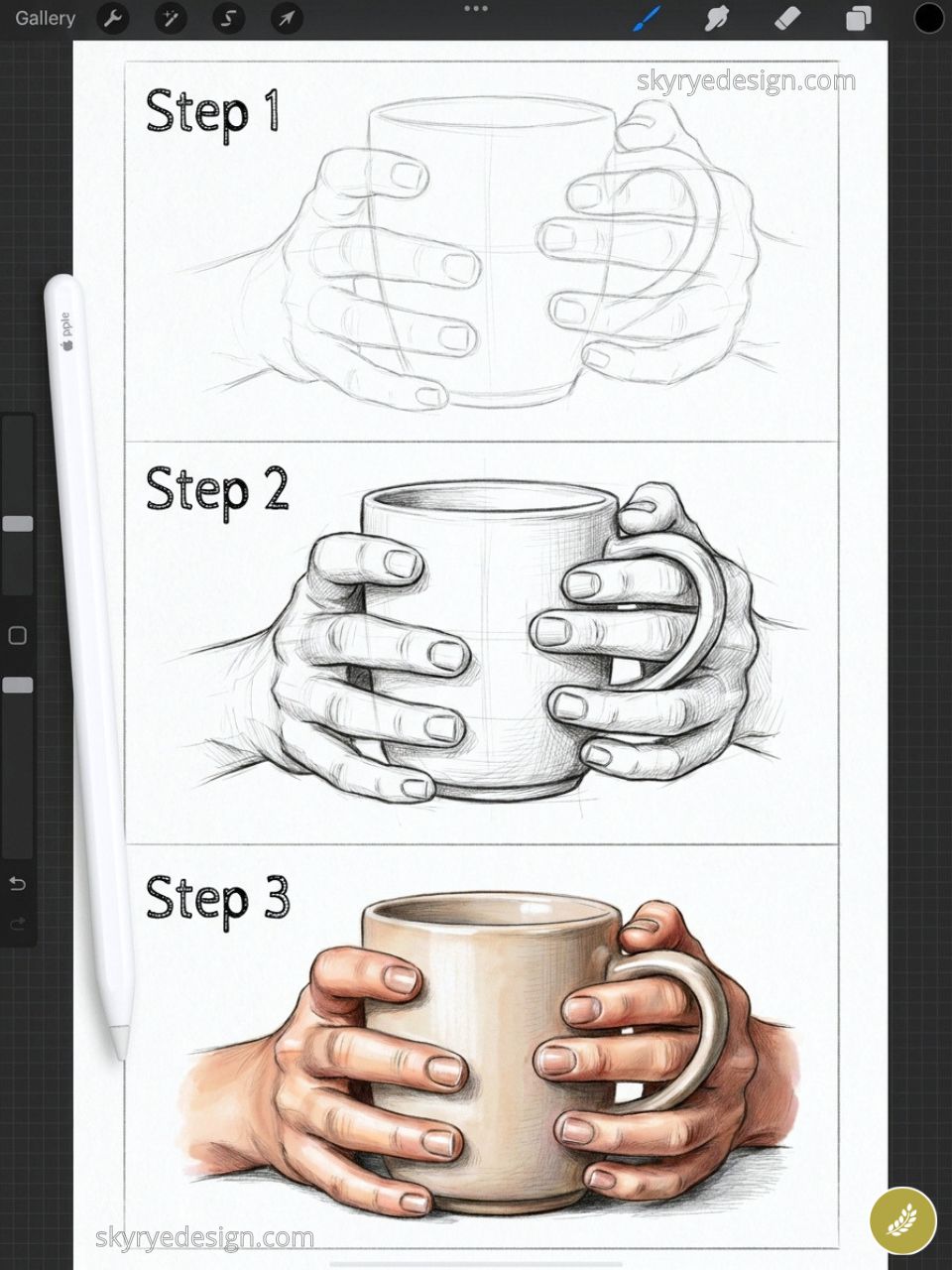 Three-step drawing tutorial of hands holding a coffee mug: sketch, shaded study, final colored illustration.