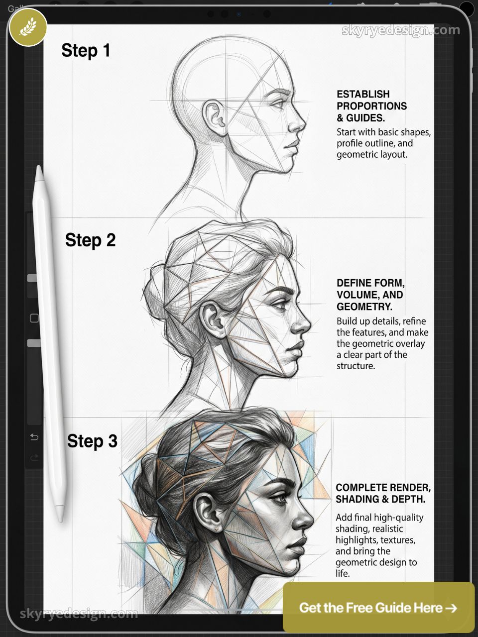 Step-by-step digital portrait tutorial on iPad: three profile stages with geometric overlays, shading, and Apple Pencil
