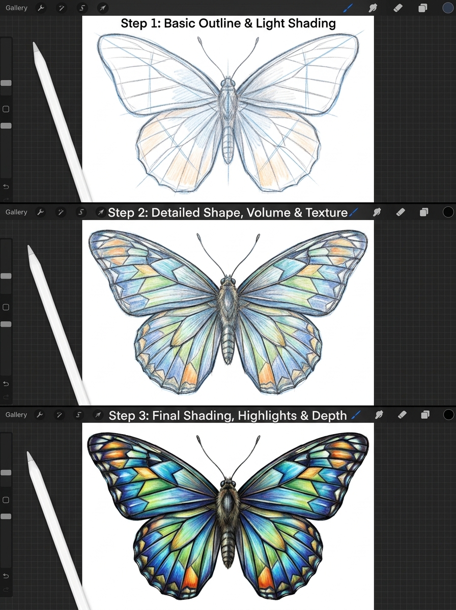 Three-step digital art tutorial showing progressive stages of a colorful butterfly drawing on a tablet with stylus.