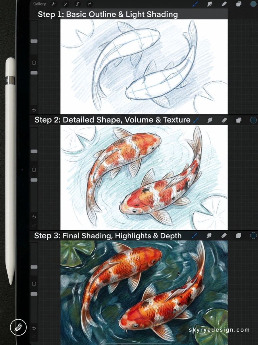 Three-panel drawing tutorial of koi fish: Step 1 is a pencil outline with light shading, Step 2 adds two colored koi swimming in pale water, Step 3 shows final shading and depth in a blue-green pool.