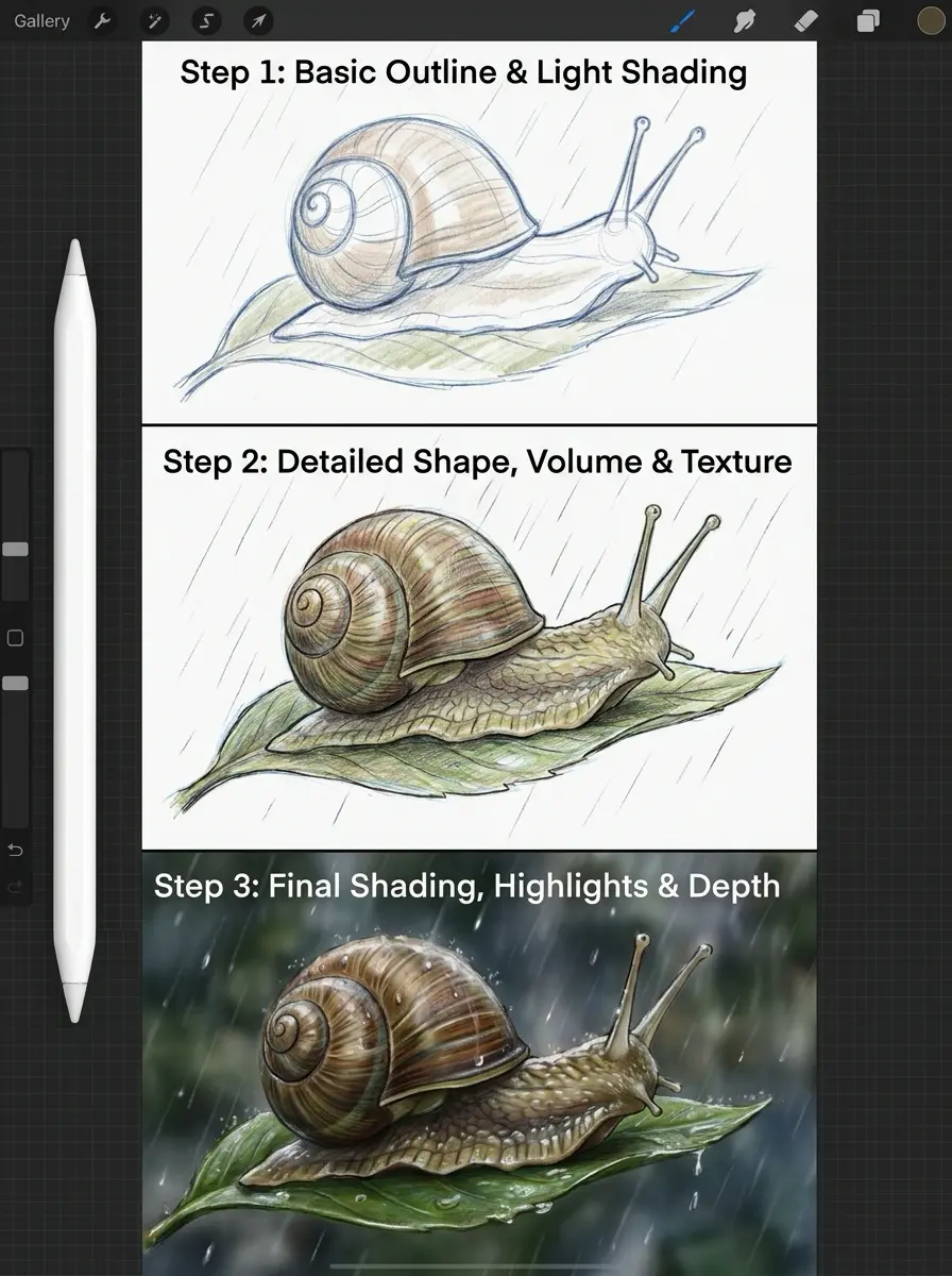 Digital snail drawing tutorial: step-by-step sketch to final realistic painting on a leaf in rain.