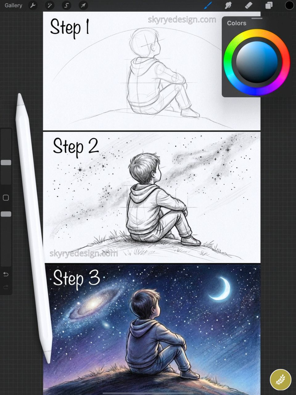 Step-by-step digital drawing tutorial: boy sitting on a hill gazing at starry sky and crescent moon — sketch to full color.