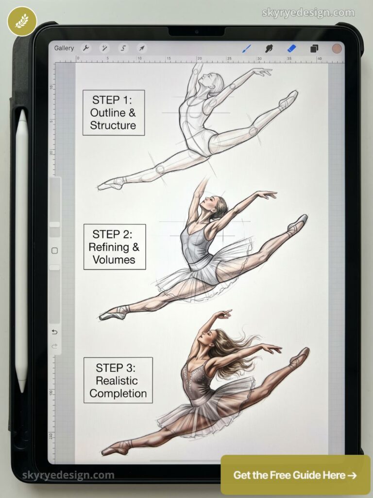 Tablet showing step-by-step ballet dancer drawing tutorial: outline, refining volumes, and realistic completion.