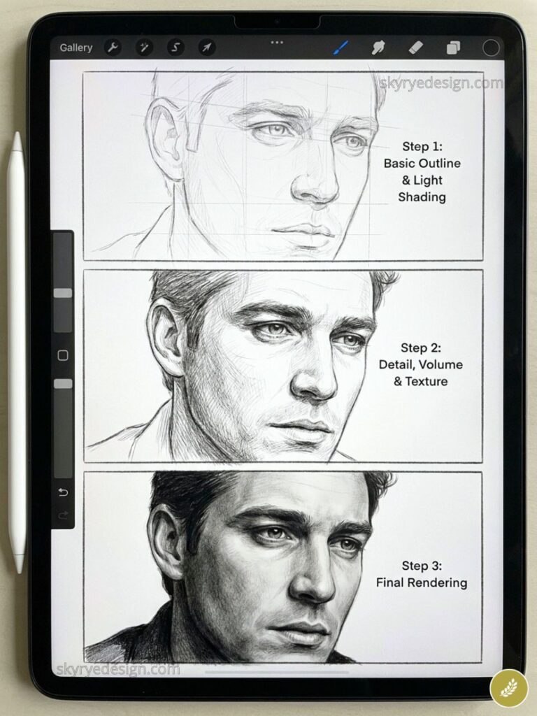 Three-step portrait drawing tutorial on iPad showing outline, detailing, and final realistic rendering with stylus.