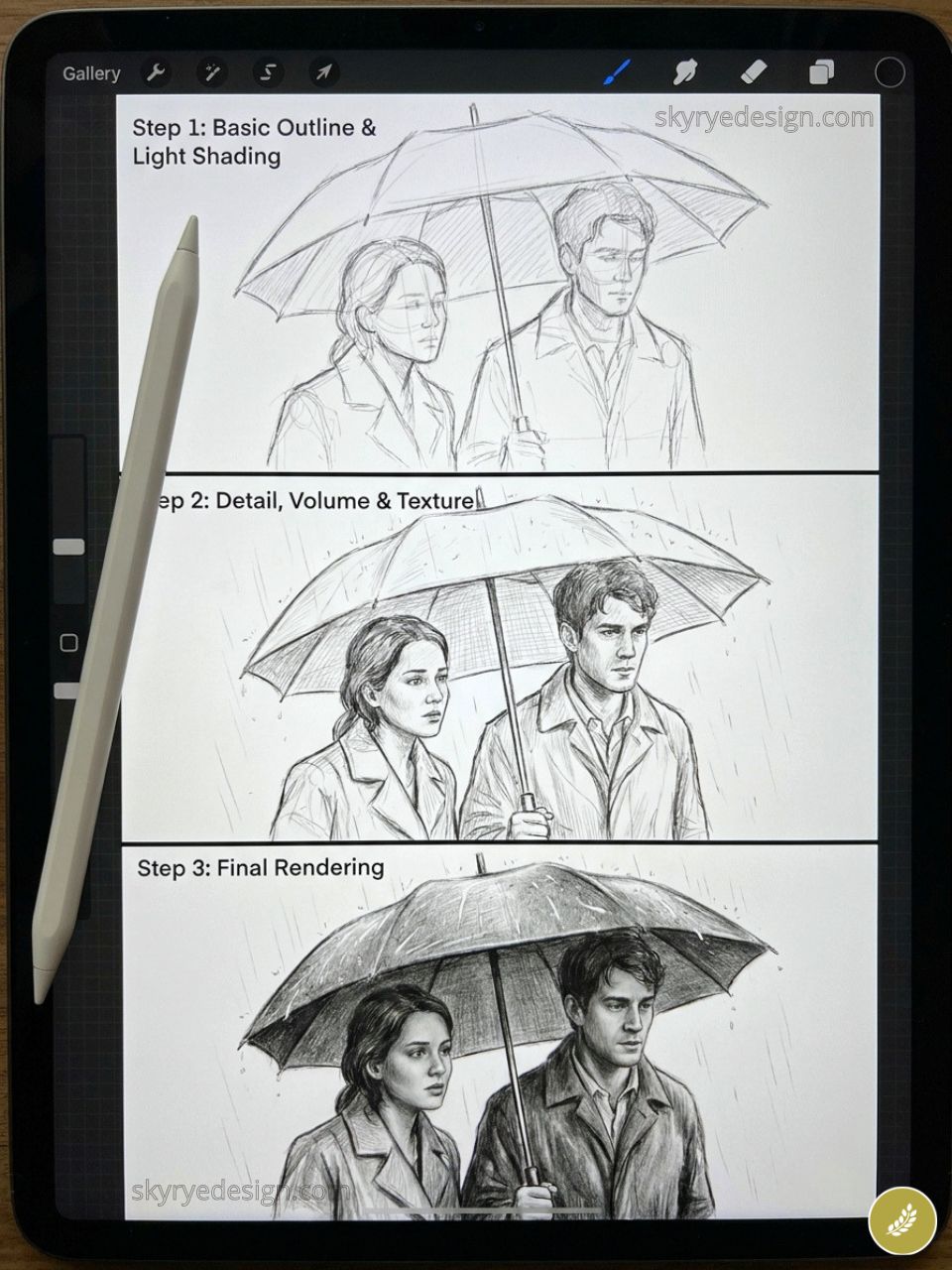 Tablet showing three-step digital drawing tutorial: sketches to final rendering of two figures under an umbrella with stylus