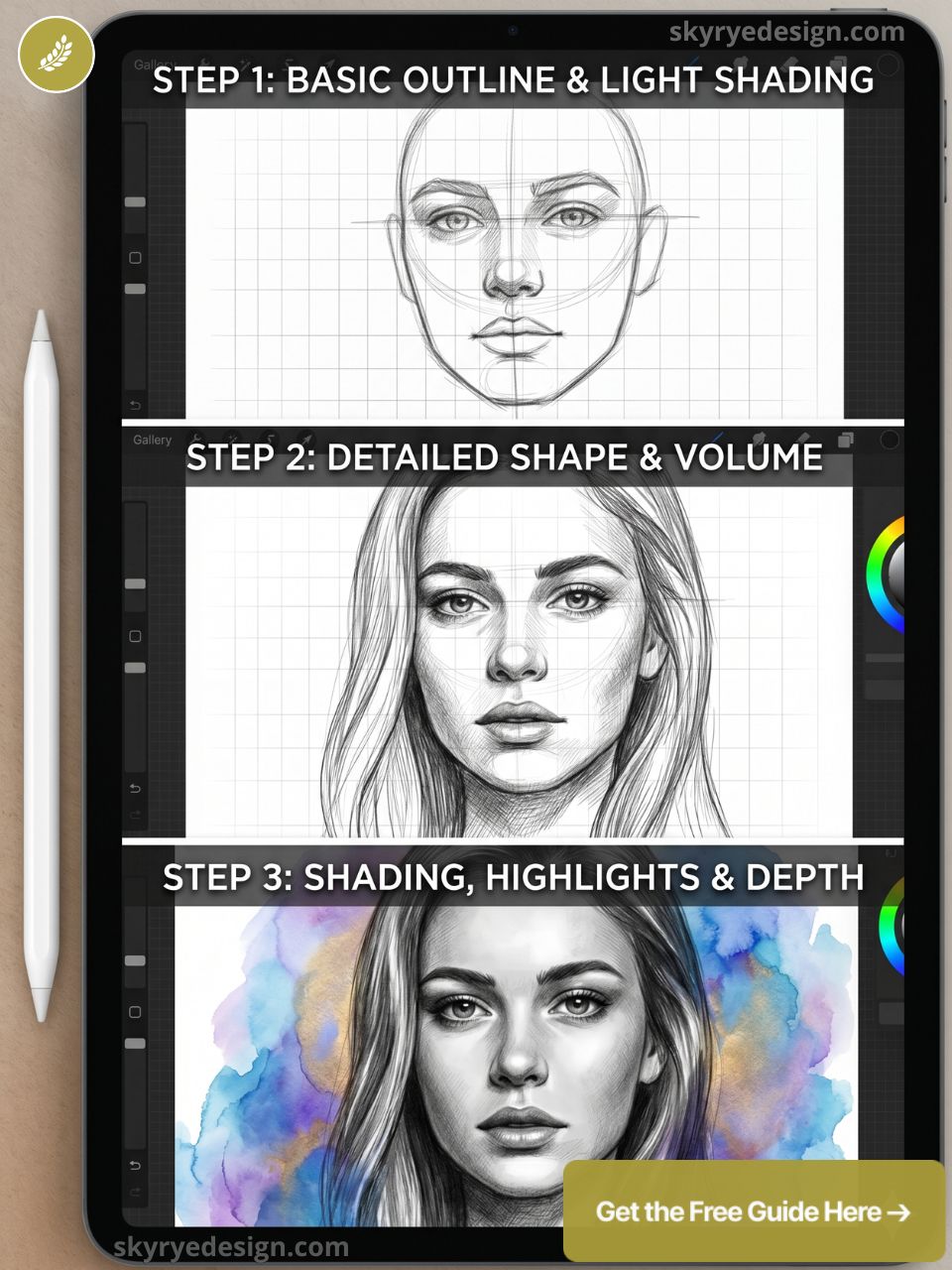 Digital tablet portrait tutorial: three-step progression from outline to detailed shape and shading, shown with stylus.