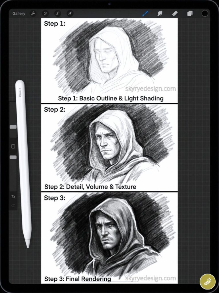iPad digital drawing tutorial: 3-step pencil sketch progression of a hooded man, from basic outline to final rendering.