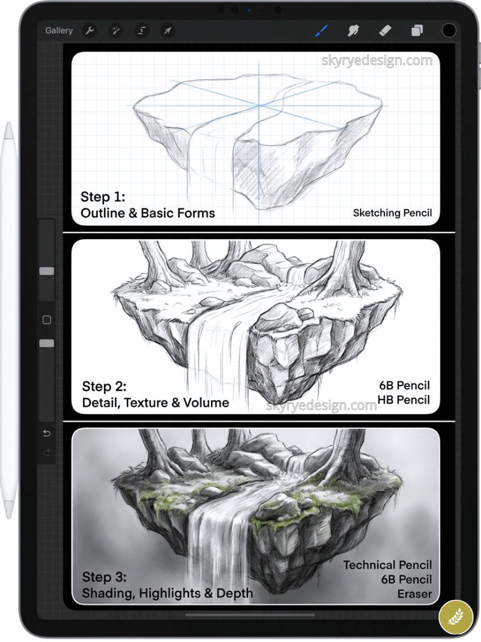 Step-by-step tablet tutorial for a floating island waterfall drawing: outline, detail, and shaded final.