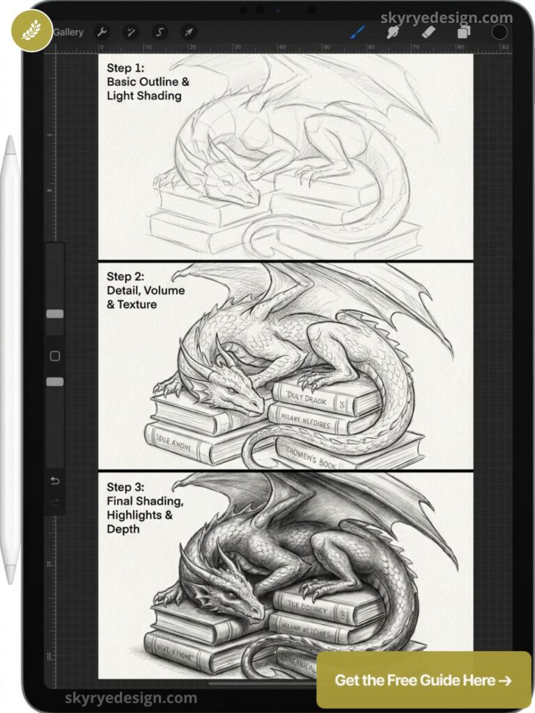 Pencil dragon drawing tutorial on tablet - three steps: outline, detail, final shading