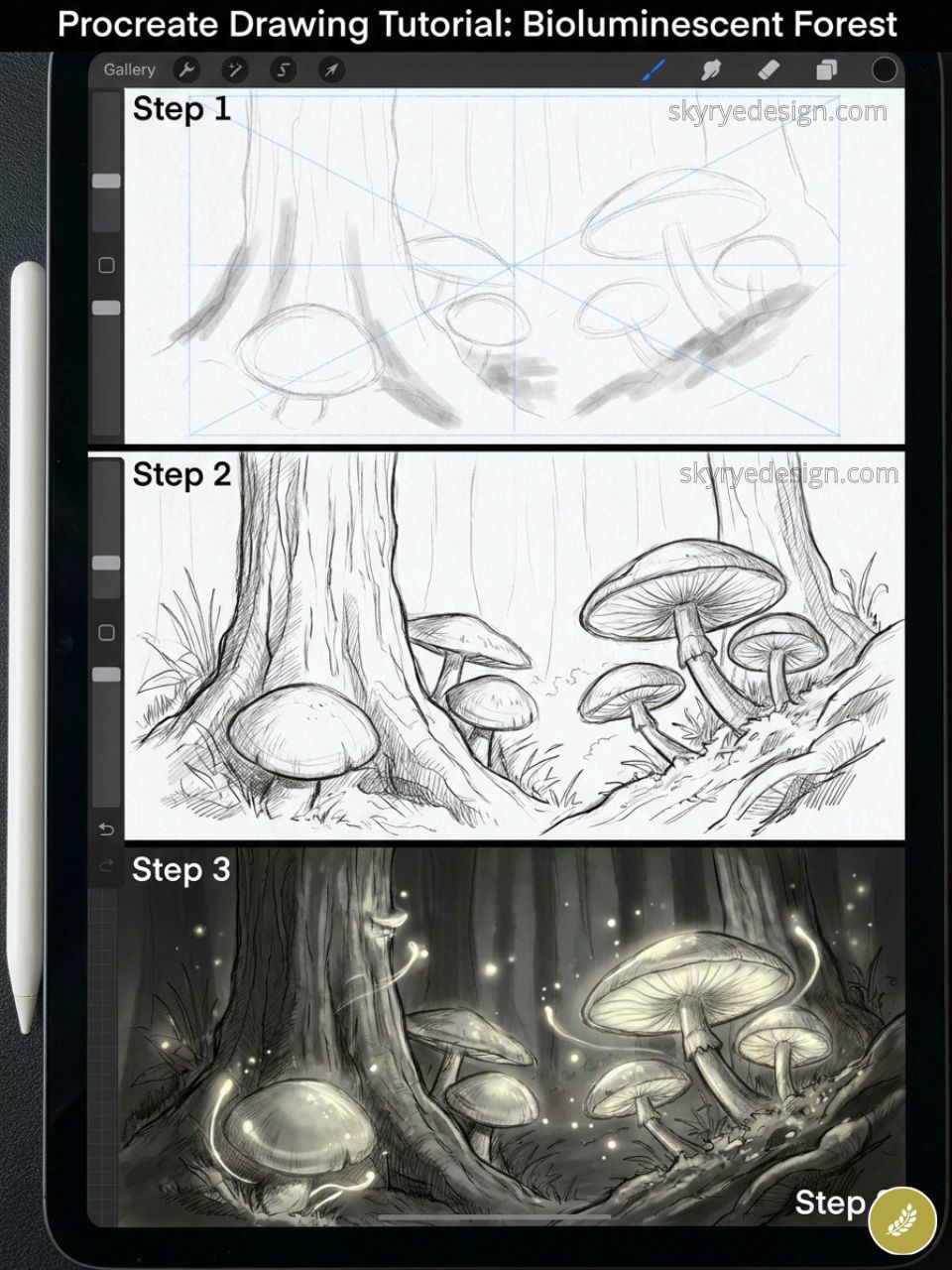 Procreate tutorial on tablet showing step-by-step bioluminescent forest sketch to glowing mushroom painting