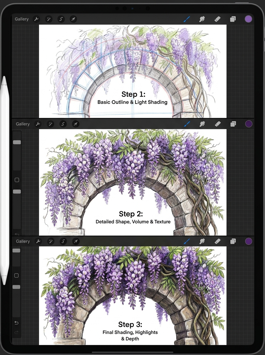 Tablet displaying step-by-step drawing tutorial of a stone arch draped in purple wisteria from outline to final shading