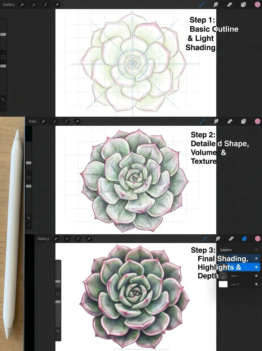 Succulent drawing tutorial on iPad with Apple Pencil — step-by-step outline, shading, texture and final highlights