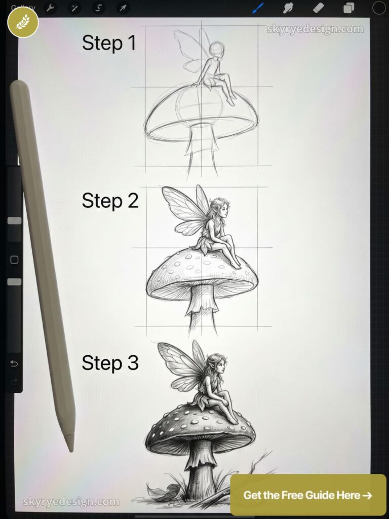 Step-by-step fairy drawing tutorial on tablet: three pencil sketches of a fairy sitting on a mushroom with stylus.