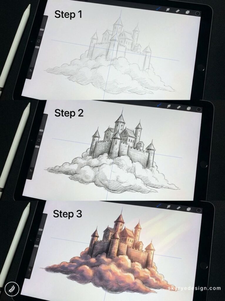 Tablet showing 3-step digital drawing tutorial: pencil sketch to shaded castle on clouds to colored sunset-lit castle (iPad)