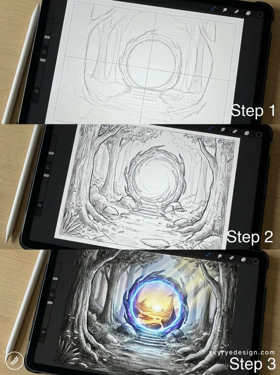 iPad Procreate tutorial: three-step fantasy forest illustration showing sketch, line art, and colored glowing portal