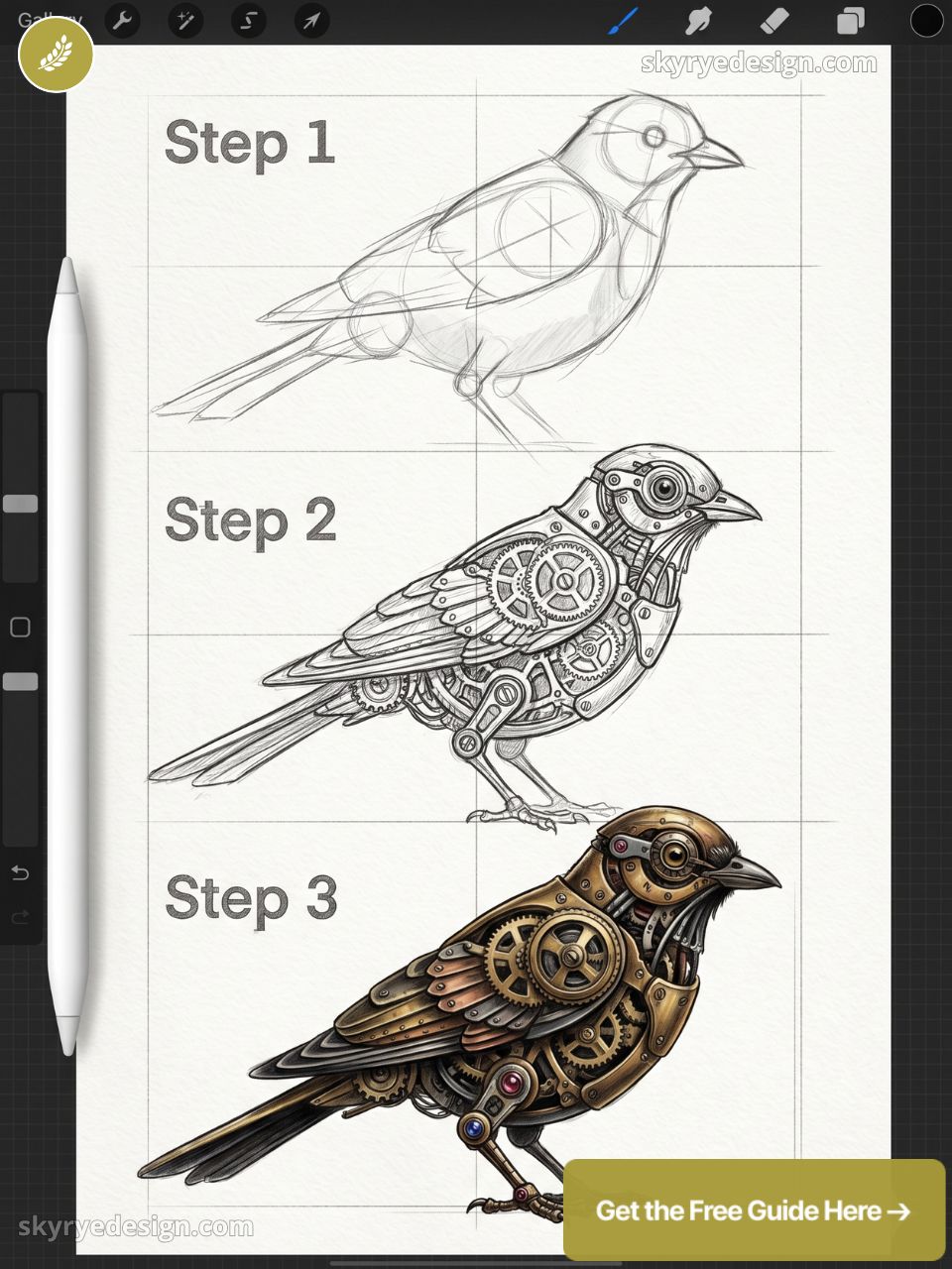 Step-by-step digital drawing tutorial: sketch to colored steampunk mechanical bird with intricate gears on tablet and stylus